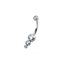 Load image into Gallery viewer, Titanium Internally Threaded with Bezel Set CZ 3-Drop Cluster Navel Curve
