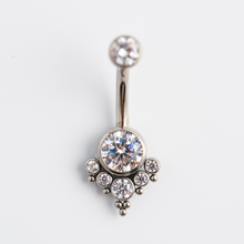 Load image into Gallery viewer, Titanium Internally Threaded with Tri Bead Bezel Set CZ Terraced Cluster Navel Curve
